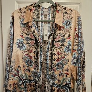 Chico's Beige Floral-Print Long Sleeve Button-Up Shirt